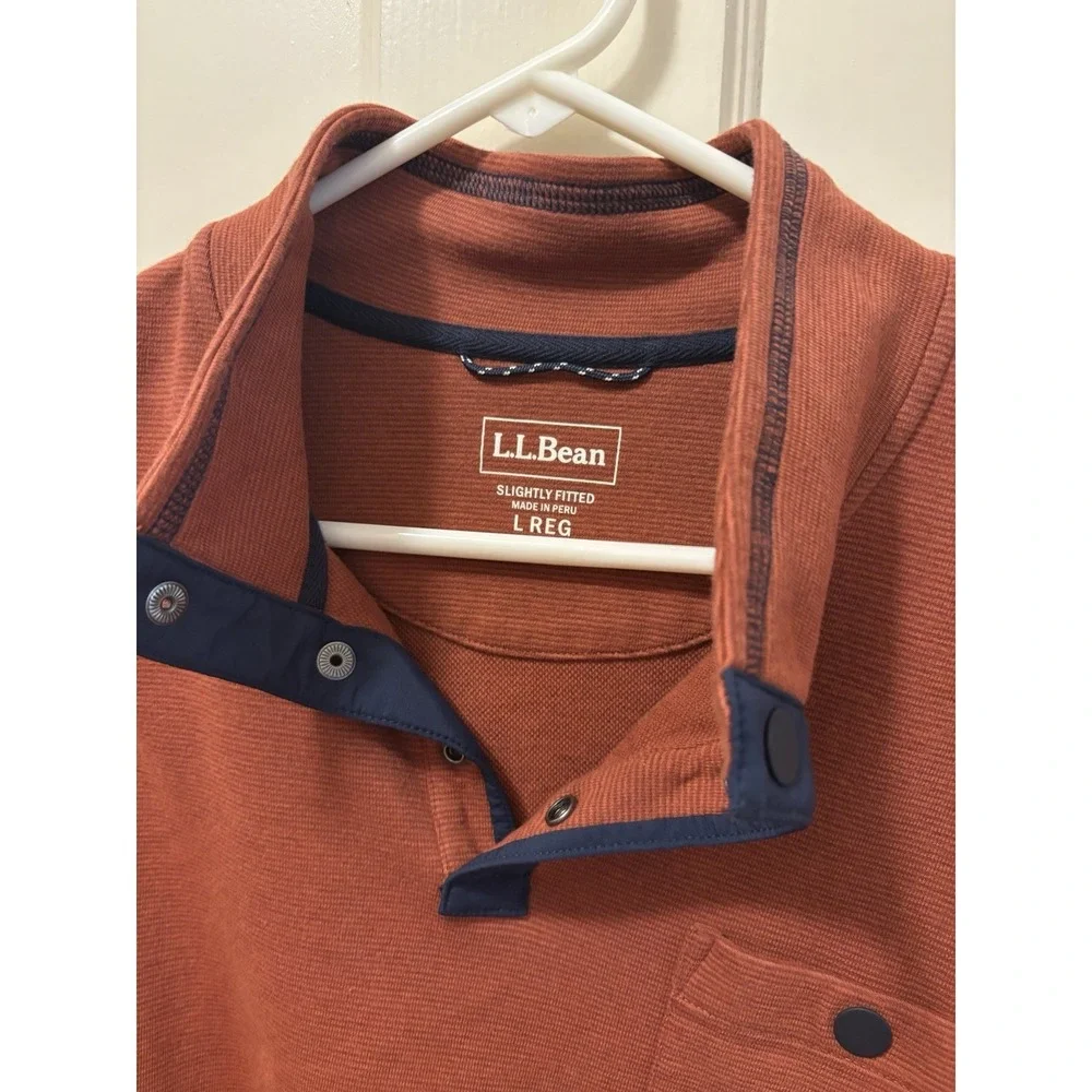 LL Bean‎ Mens Slightly Fitted Snap Mock Neck Pullover Rust Orange L REG